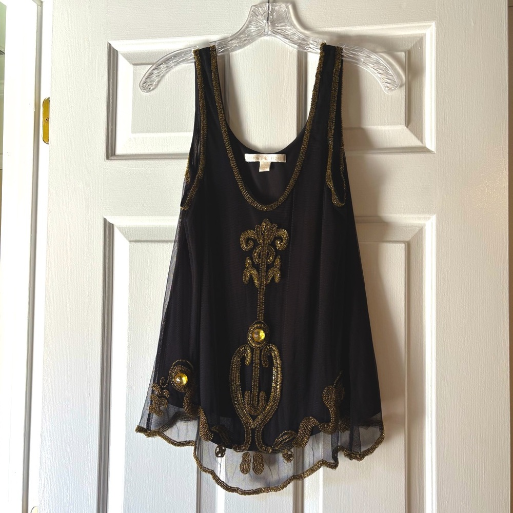 Boston Proper black and bronze gold beaded tank size XS - Picture 2 of 6